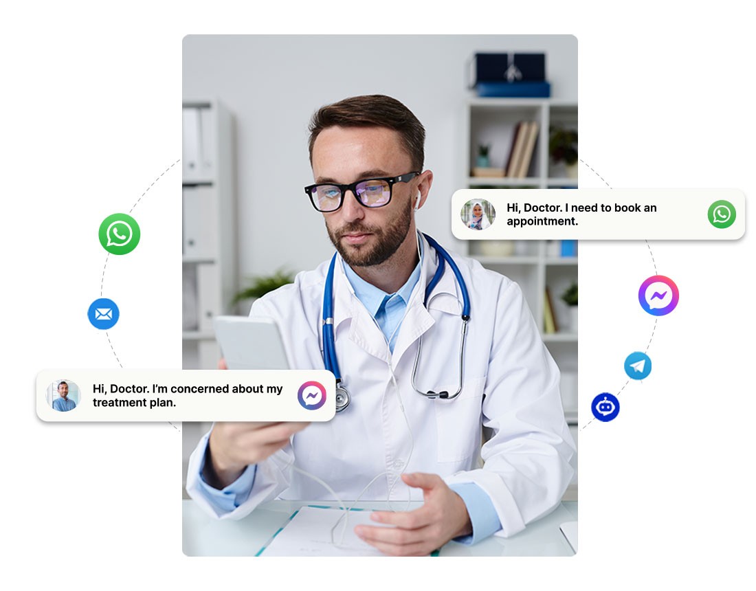 Doctor checking messages on smartphone with patient inquiries via WhatsApp, Messenger, and email – Healthcare communication technology concept