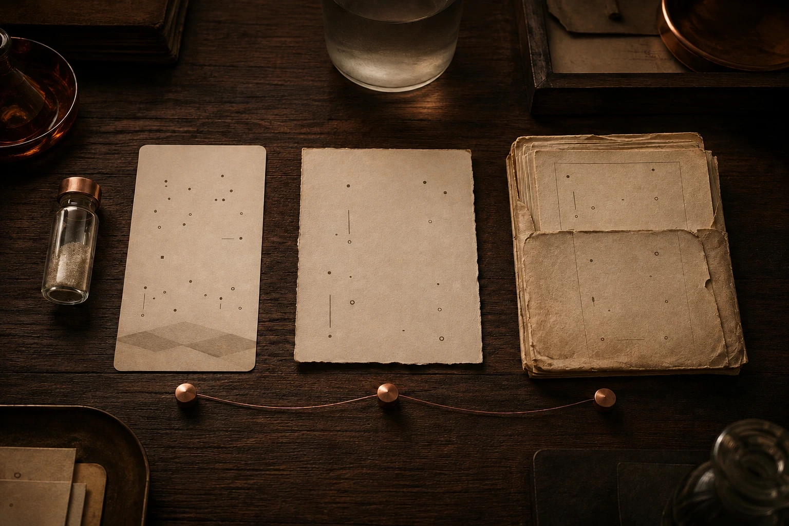 A preserved evidence record with abstract measurements linked by precise copper markers