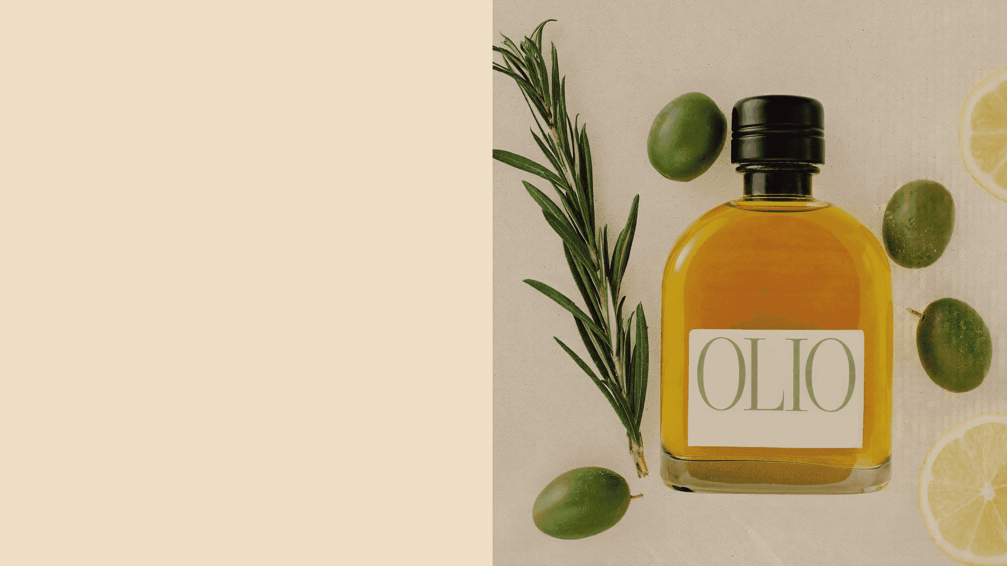 OLIO extra virgin olive oil bottle on a cream backdrop