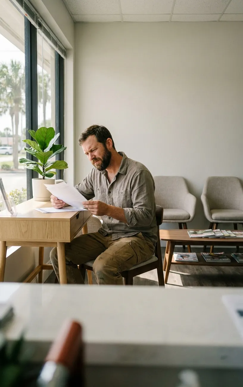 Man at desk reviewing files, RockN' Socials Digital Marketing Agency office.