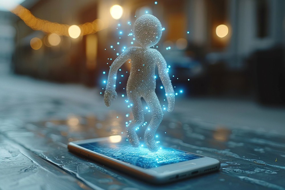 Futuristic hologram of a human figure made of digital light particles, symbolising AI automation and intelligent workflows.
