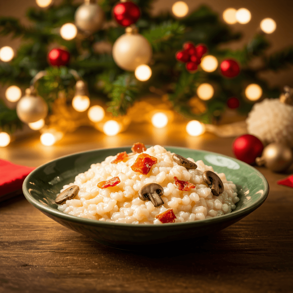 product photography of a plate of creamy risotto topped with mushrooms and bacon