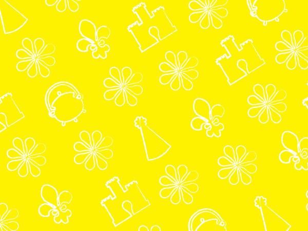 A repeating pattern of white line drawings on a bright yellow background. The drawings include stylized flowers, party hats, crowns, and geometric shapes.