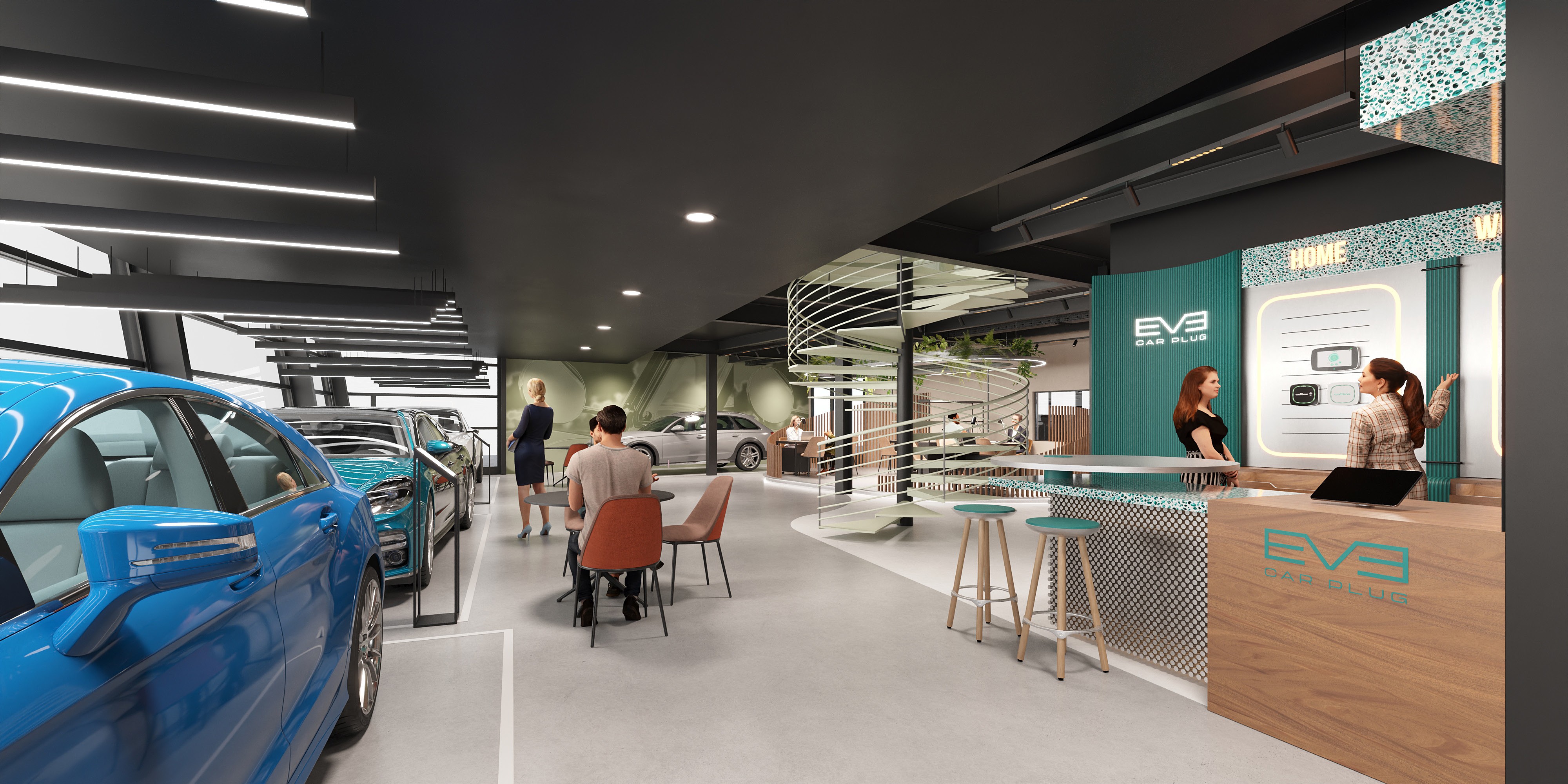 Main access and EVE car Plug of a garage retail design concept for Arenaz Automobiles et Services SA in Crissier Switzerland