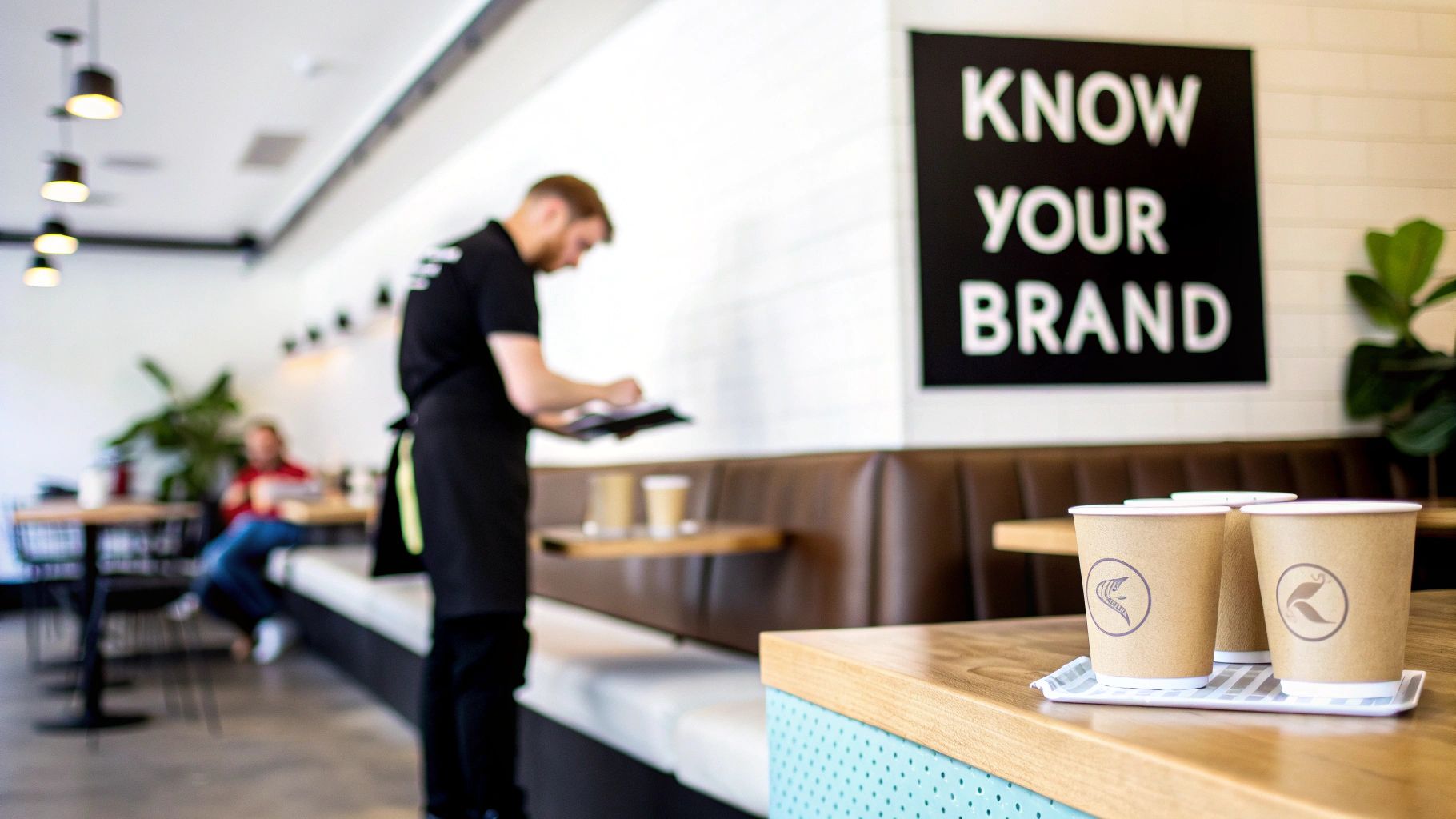 A server takes an order in a modern coffee shop with branded paper cups on the counter.