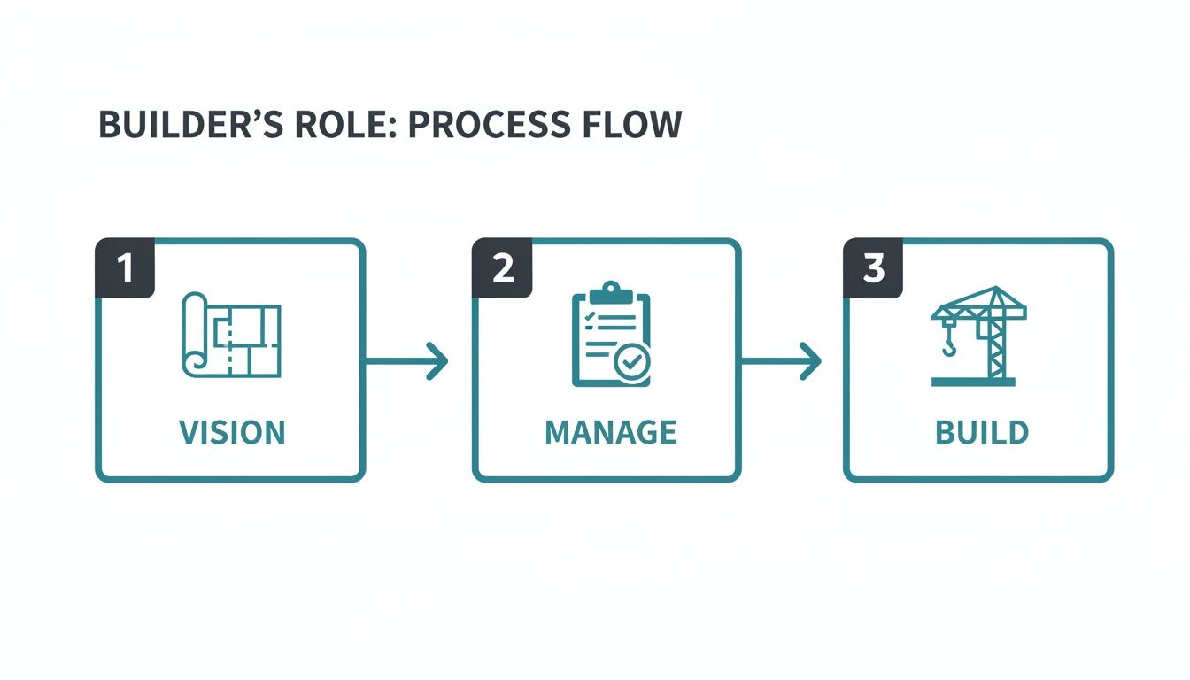 A three-step process flow for a builder's role: Vision, Manage, and Build.