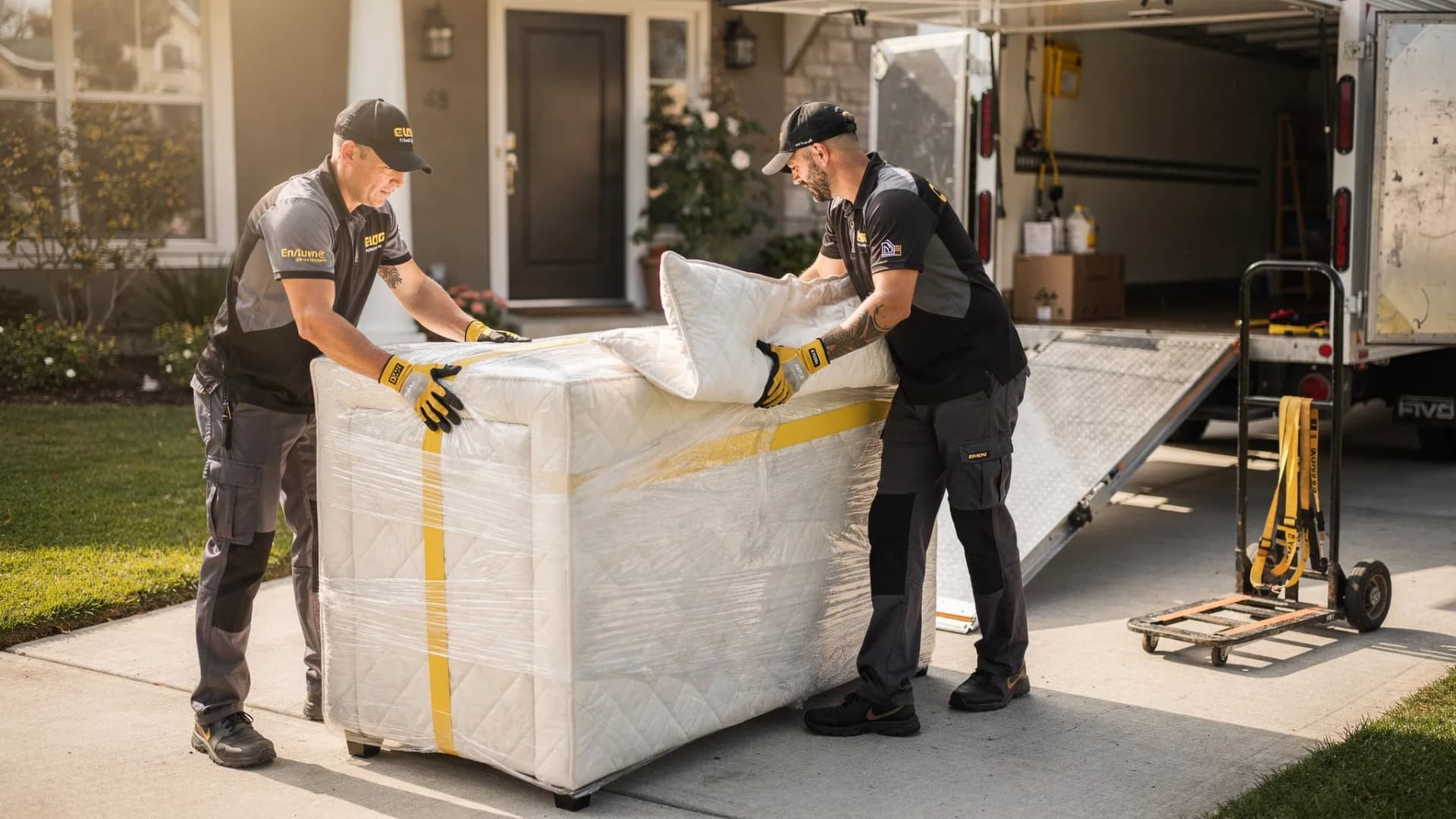 Professional movers wrapping and securing a large piece of furniture with protective pads and stretch wrap beside a moving truck, with a clear path staged for loading.