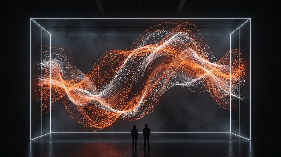 Two silhouetted people view a glowing cube-shaped frame filled with flowing orange and white digital particle waves in a dark gallery.