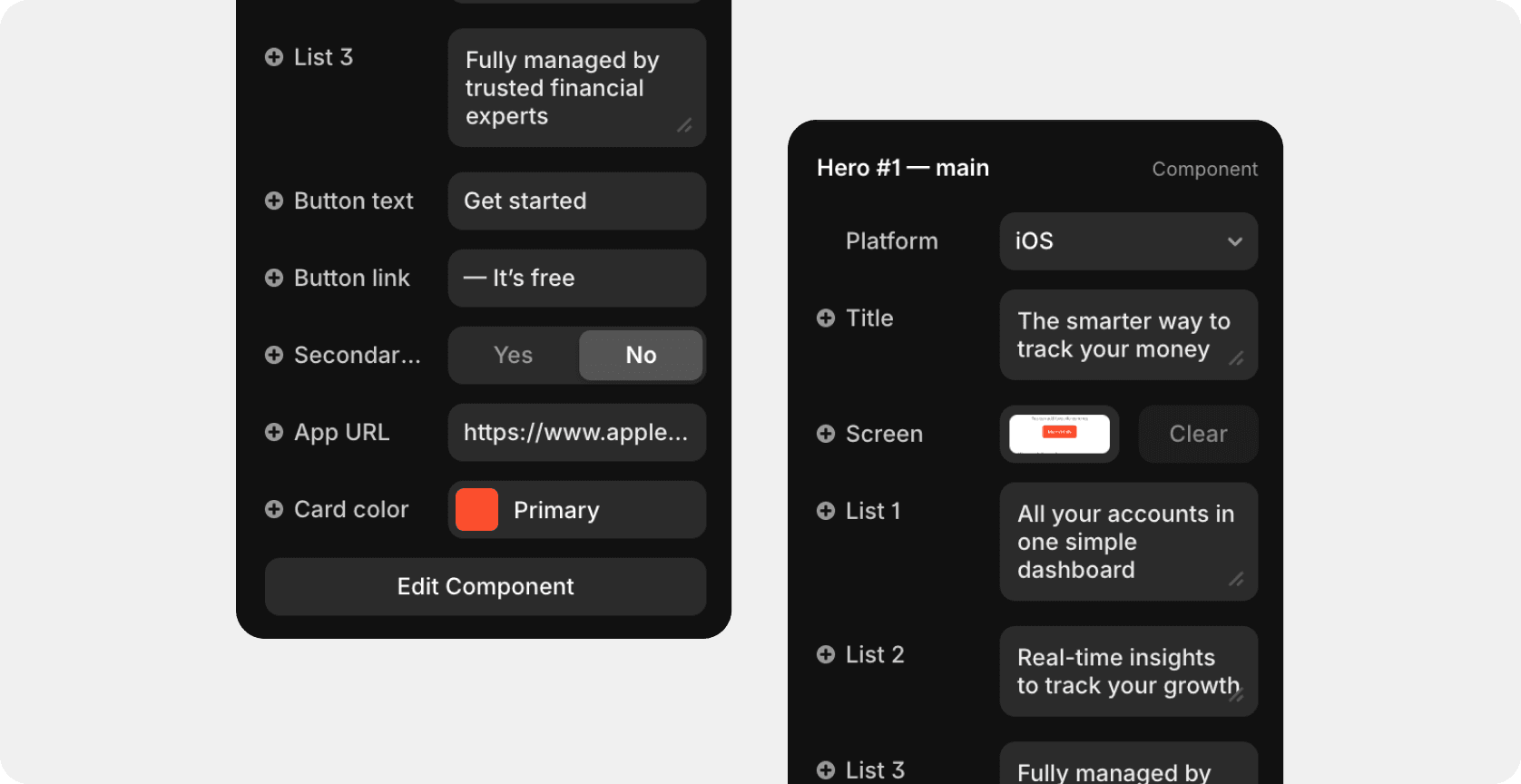 Framer component settings for the Hero #1 block, including text fields, button configuration, and color options