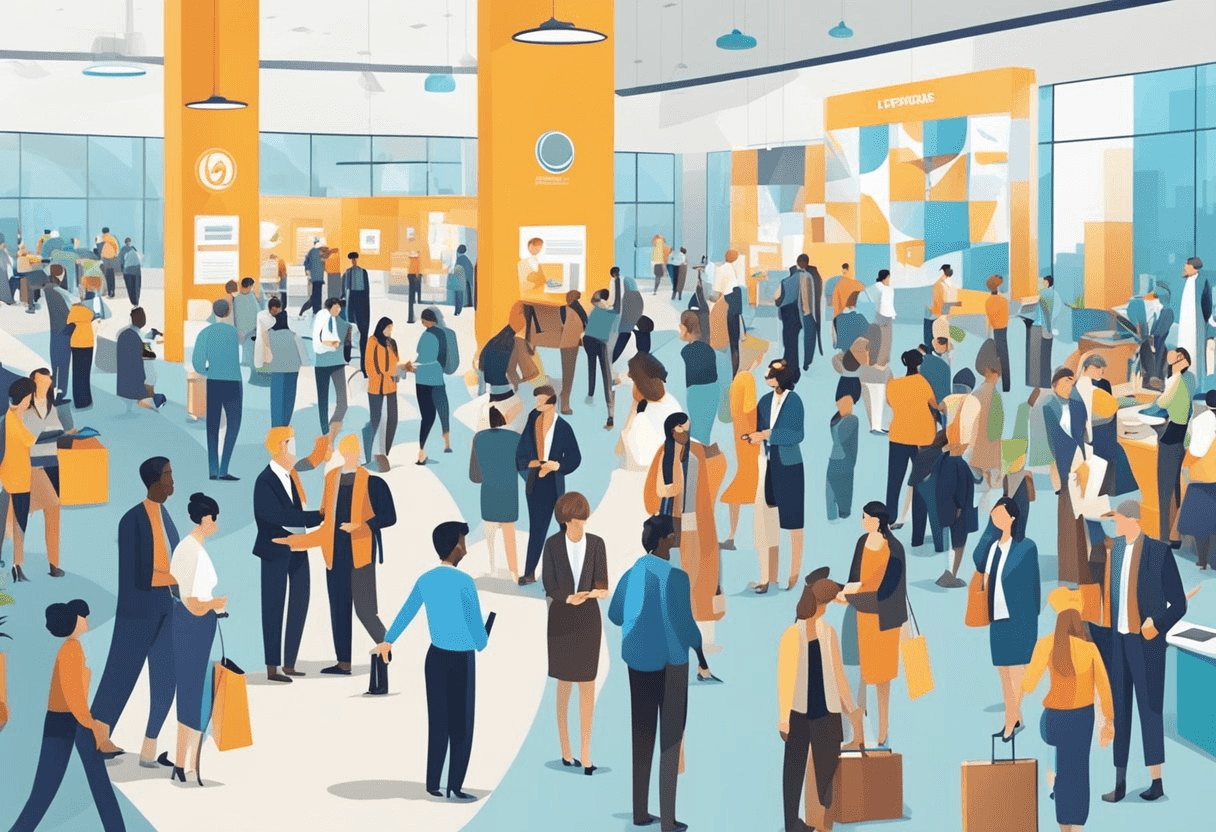 A bustling job fair with diverse attendees and innovative technology for recruitment and talent development