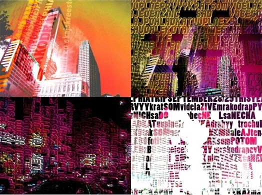The images depict buildings in a city that transcend into pure text.