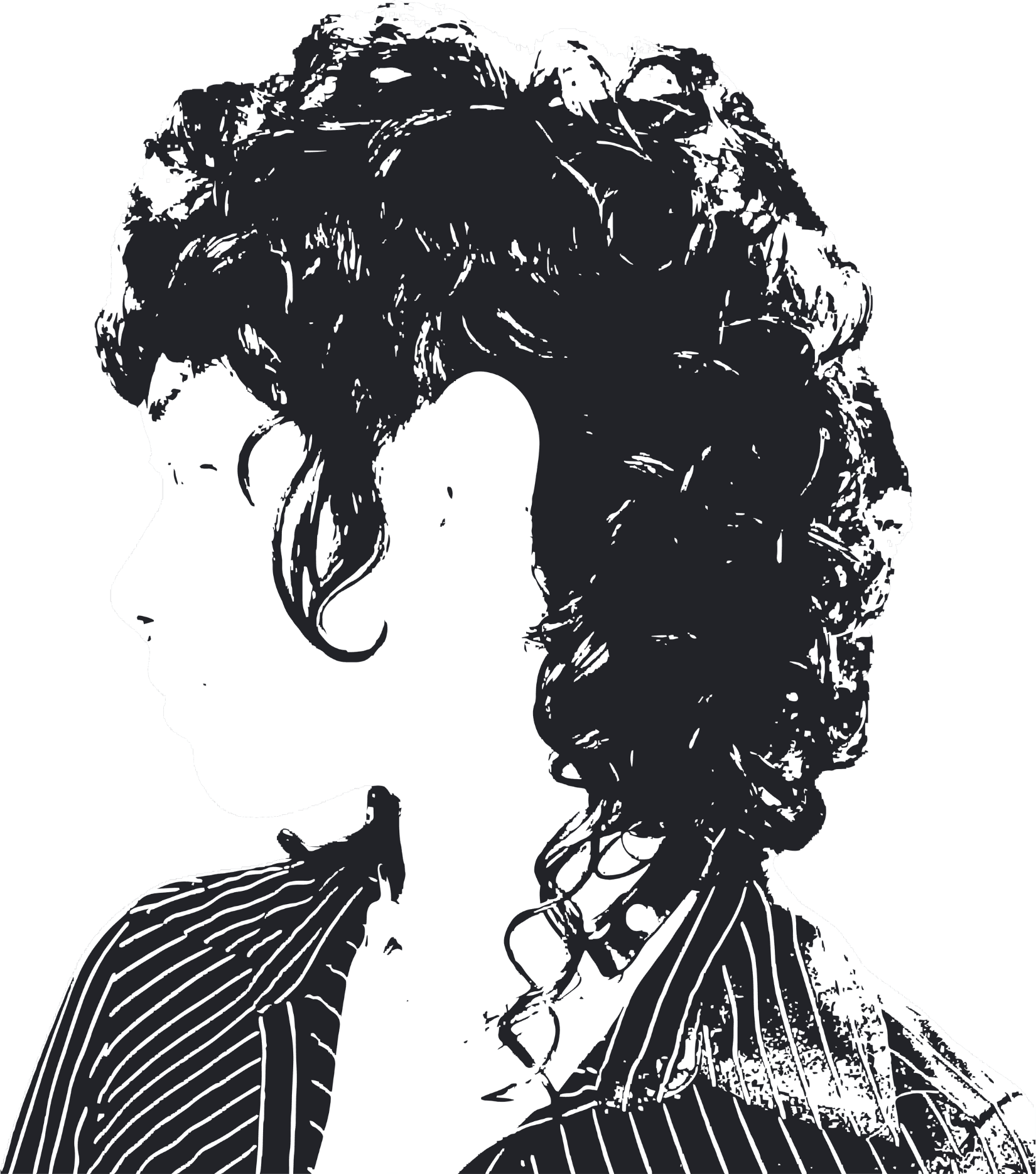 The image features a high-contrast, black and white illustration of a hair client, creating a dramatic and artistic effect.