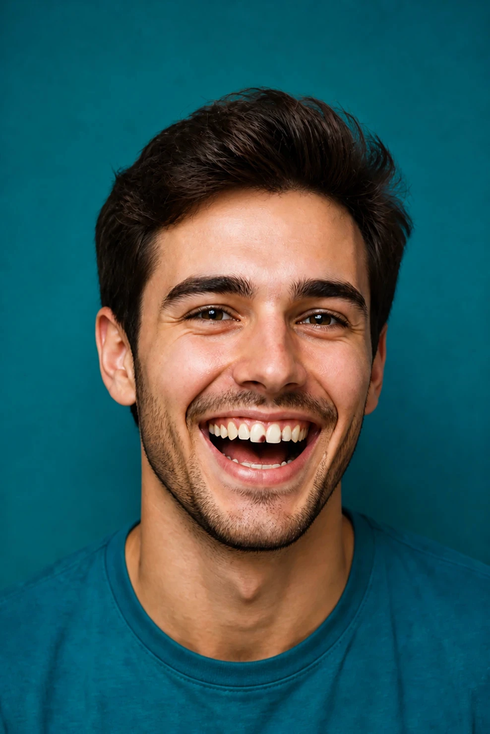 Close-up of a young man with a healthy, cheerful smile set against a plain teal backdrop.