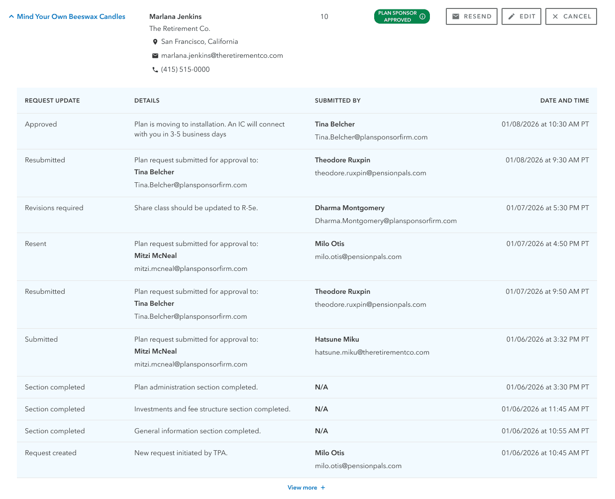 Expanded content from dashboard diaplaying plan submission history after plan has been approved