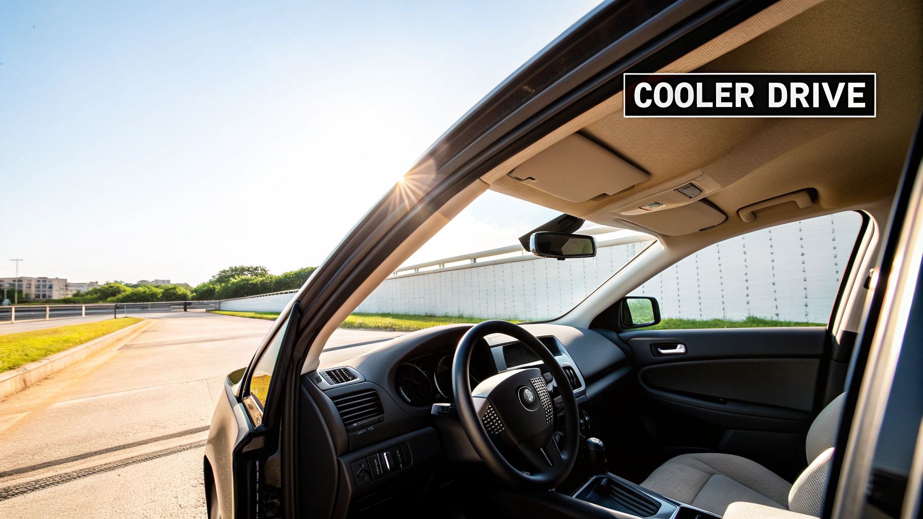 Sunny interior of a car on a road, with 'COOLER DRIVE' text overlay.