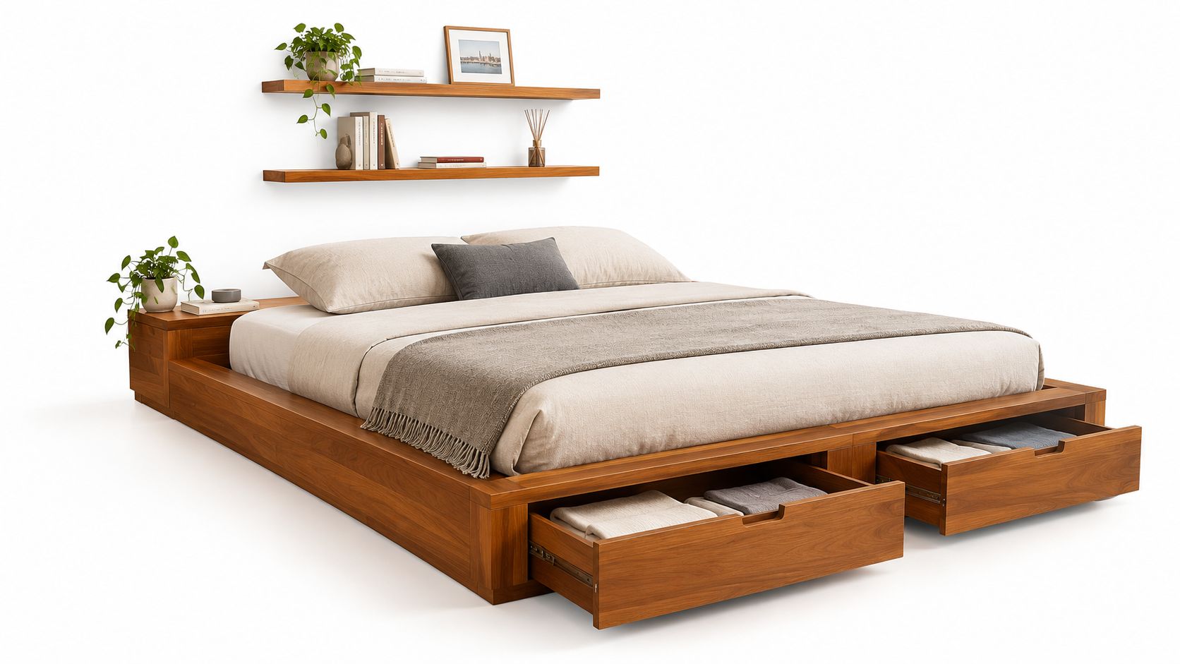 A minimalist wooden platform bed featuring convenient built-in storage drawers and elegant wall-mounted shelving.