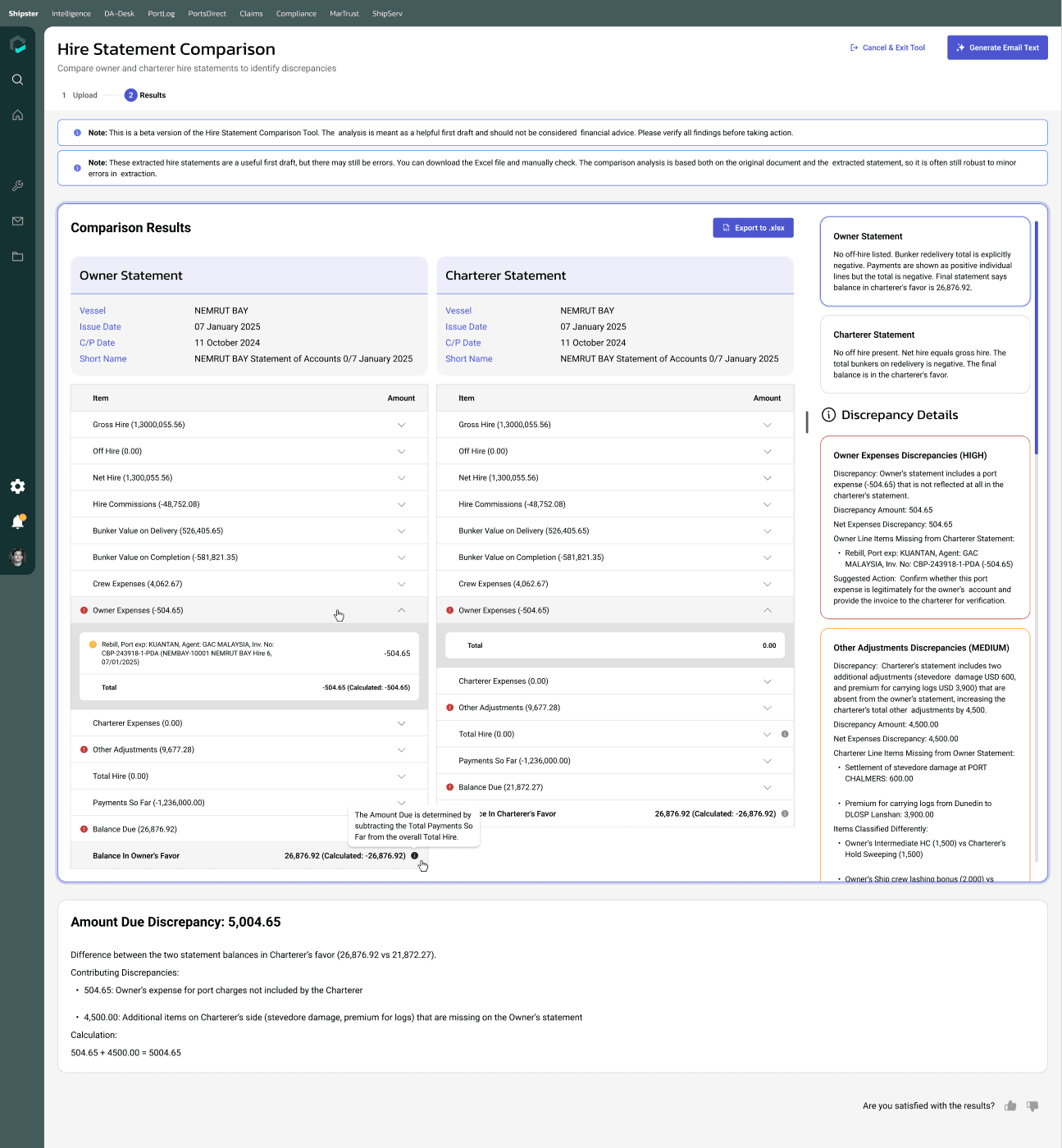 Hire-statement review brings financial differences into a structured checking view.