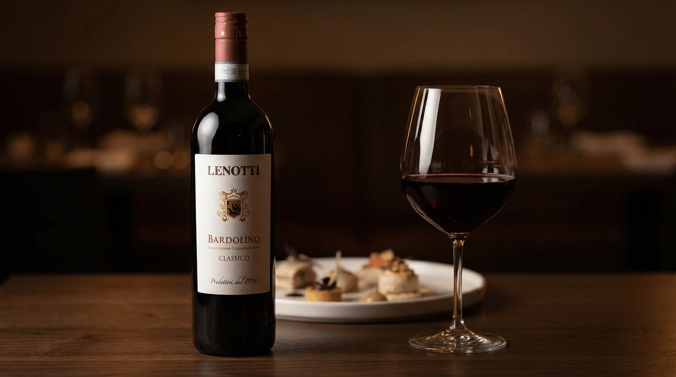 Lenotti Bardolino Rotwein mit Bordeaux-Glas vor warmem Restaurant-Bokeh — Chiaroscuro-Beleuchtung