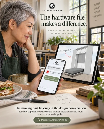 Illustrated professional reviewing a phone message beside a tablet showing a deployed Murphy-bed model.