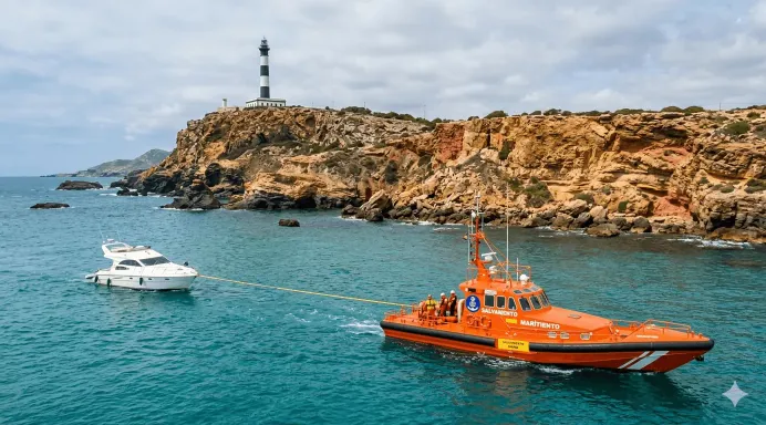 Remolque de una embarcación averiada por Salvamento Marítimo frente al faro de Cabo de Palos.