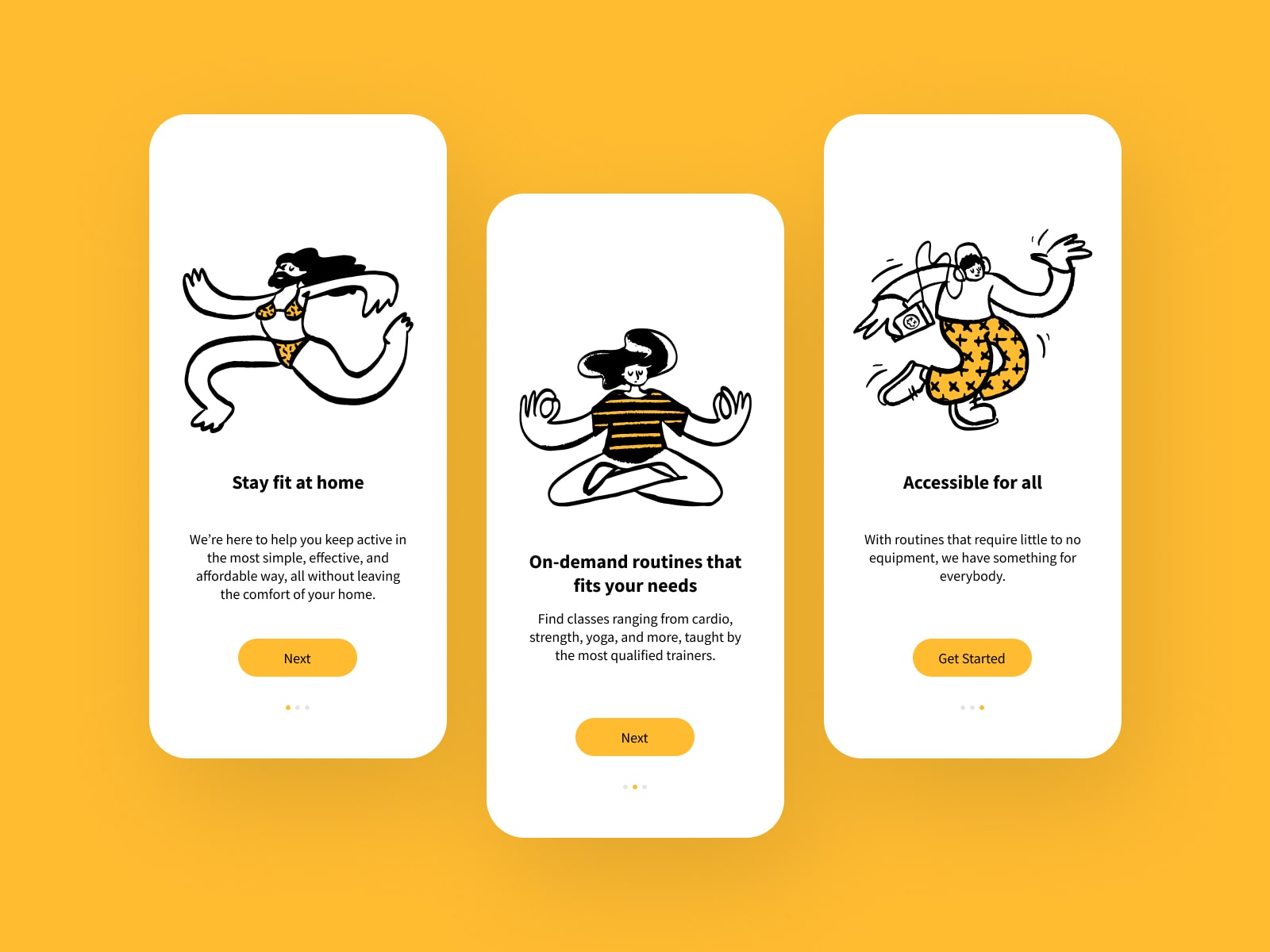 Mobile mockup of three onboarding pages for a workout app