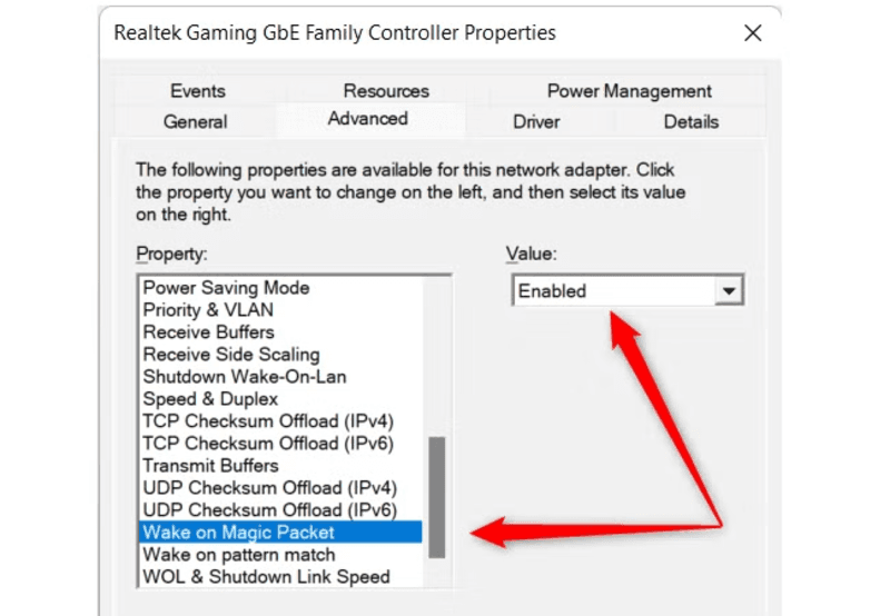 Enable Wake on Magic Packet in network adapter setting
