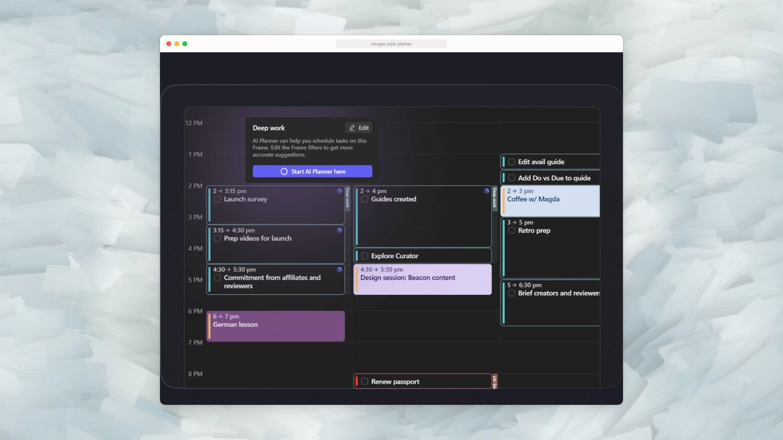 Morgen AI Planner displaying a deep-work frame and scheduled tasks.