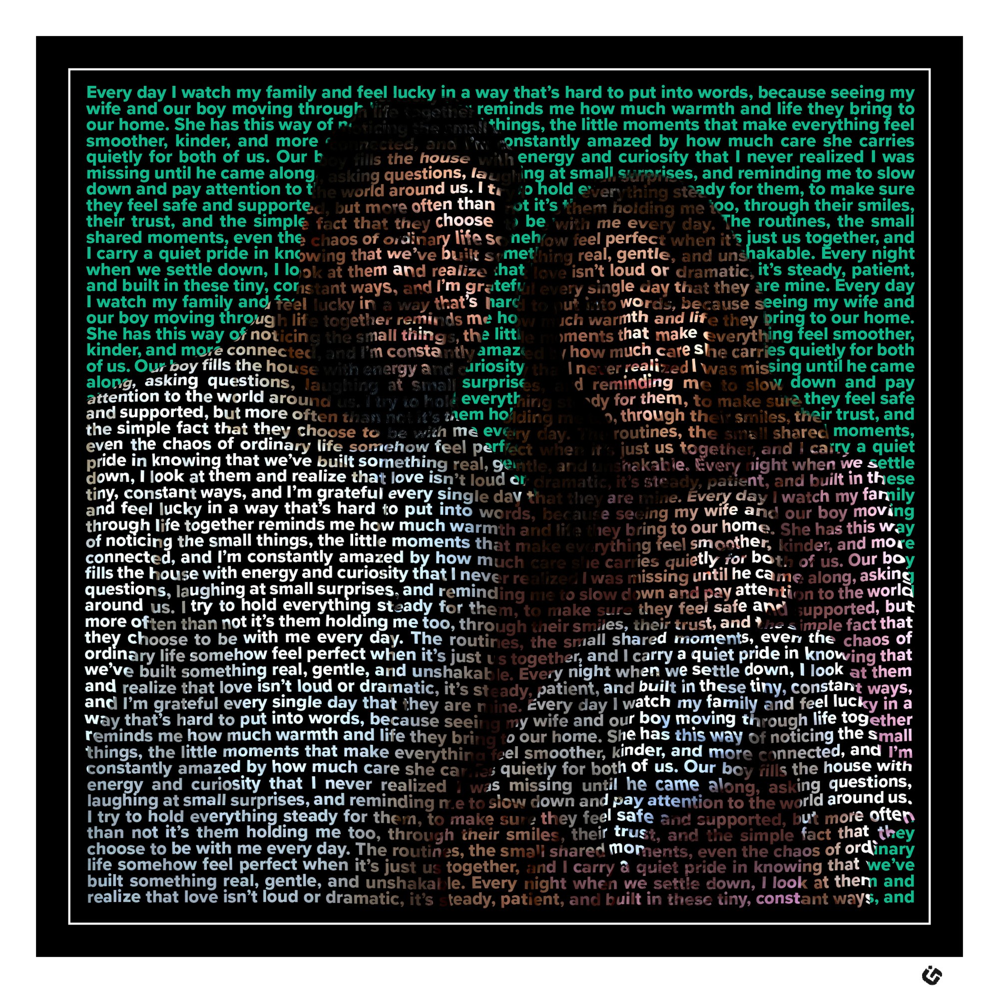 Custom text portrait artwork of a father, mother, and young son standing together and smiling. Their photo is recreated using colored text that forms their faces and clothing, framed with a thin white border, black border, and white mat. Modern and emotional family-themed art piece.