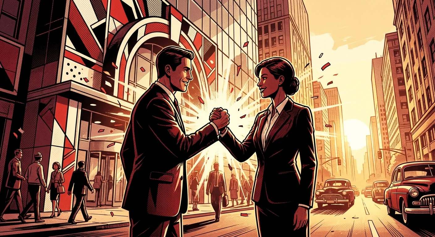 Handshake outside RockN' Socials Digital Marketing Agency, cityscape backdrop.