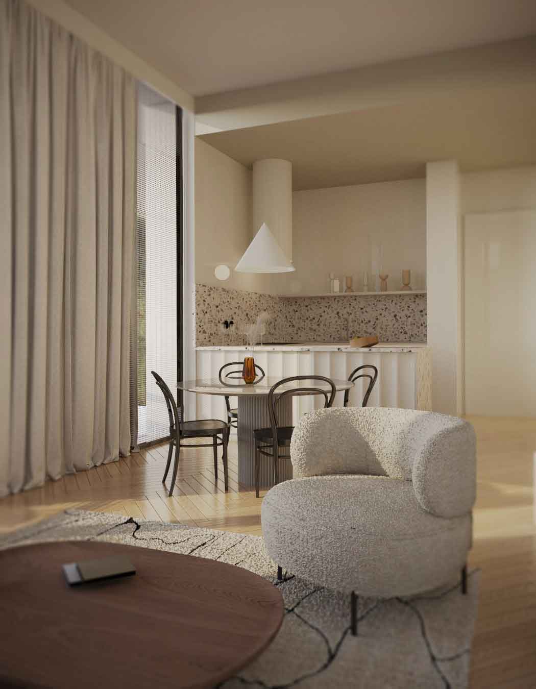 A modern, minimalist interior with wooden flooring, large windows, and a few plants giving a bright, airy feel.