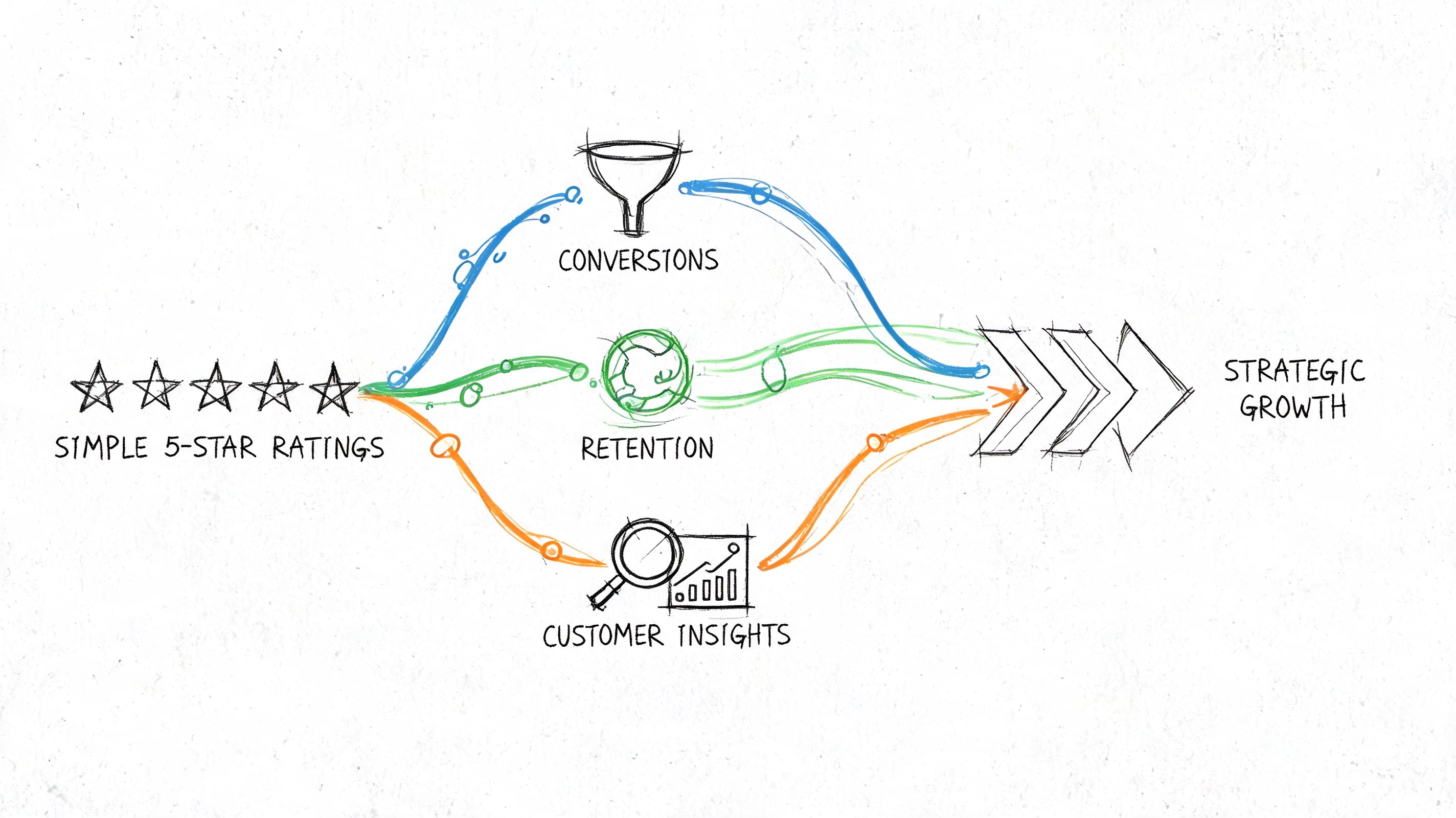 A hand-drawn diagram illustrating how simple 5-star ratings lead to conversions, retention, customer insights, and strategic growth.