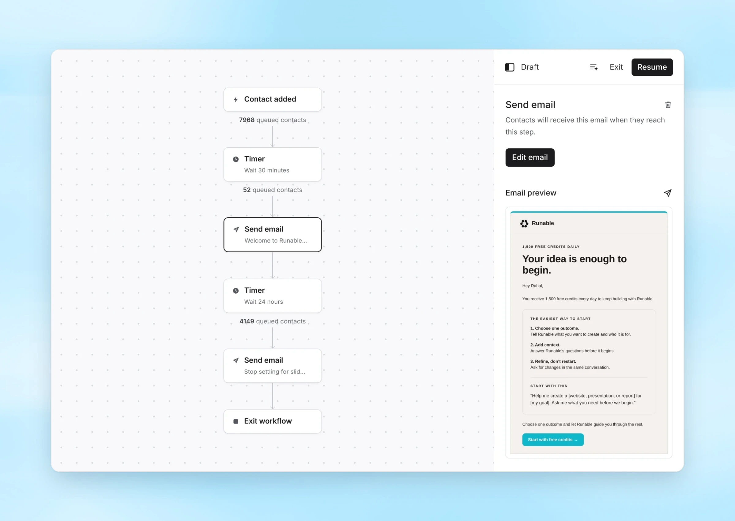 A Runable onboarding workflow in Loops: contact added, a 30 minute timer, a welcome email, a 24 hour timer and a follow-up email