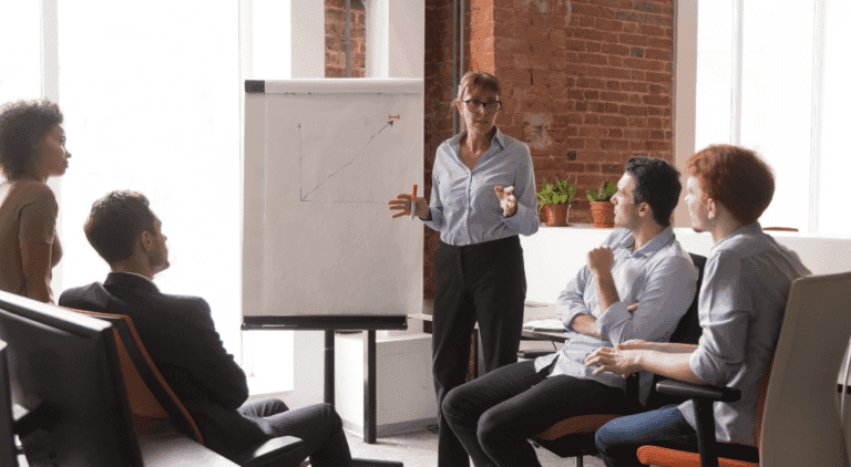 Team meeting with a presenter at a whiteboard, representing sales performance analysis in Microsoft Teams