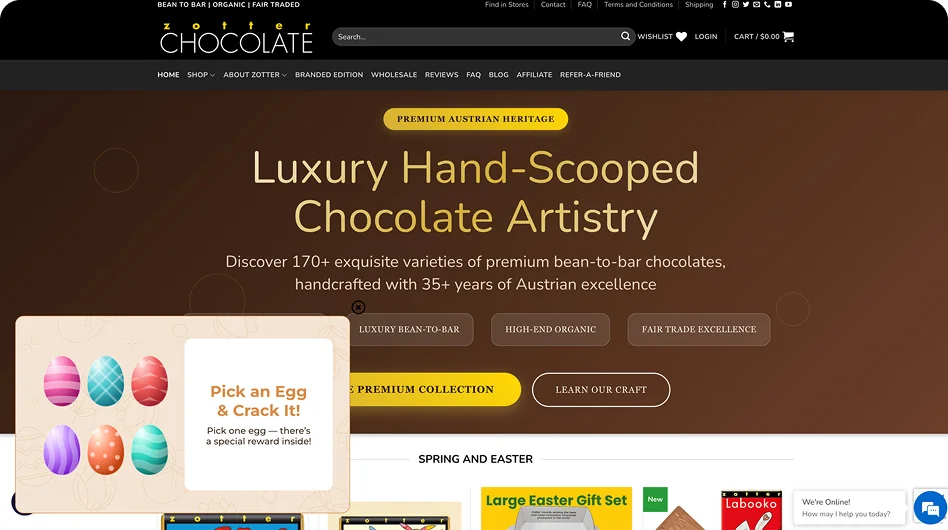 Seasonal Easter exit-intent popup for the Zotter Chocolate ecommerce chocolate brand using a Break an Egg gamified mechanic by Claspo to drive holiday sales