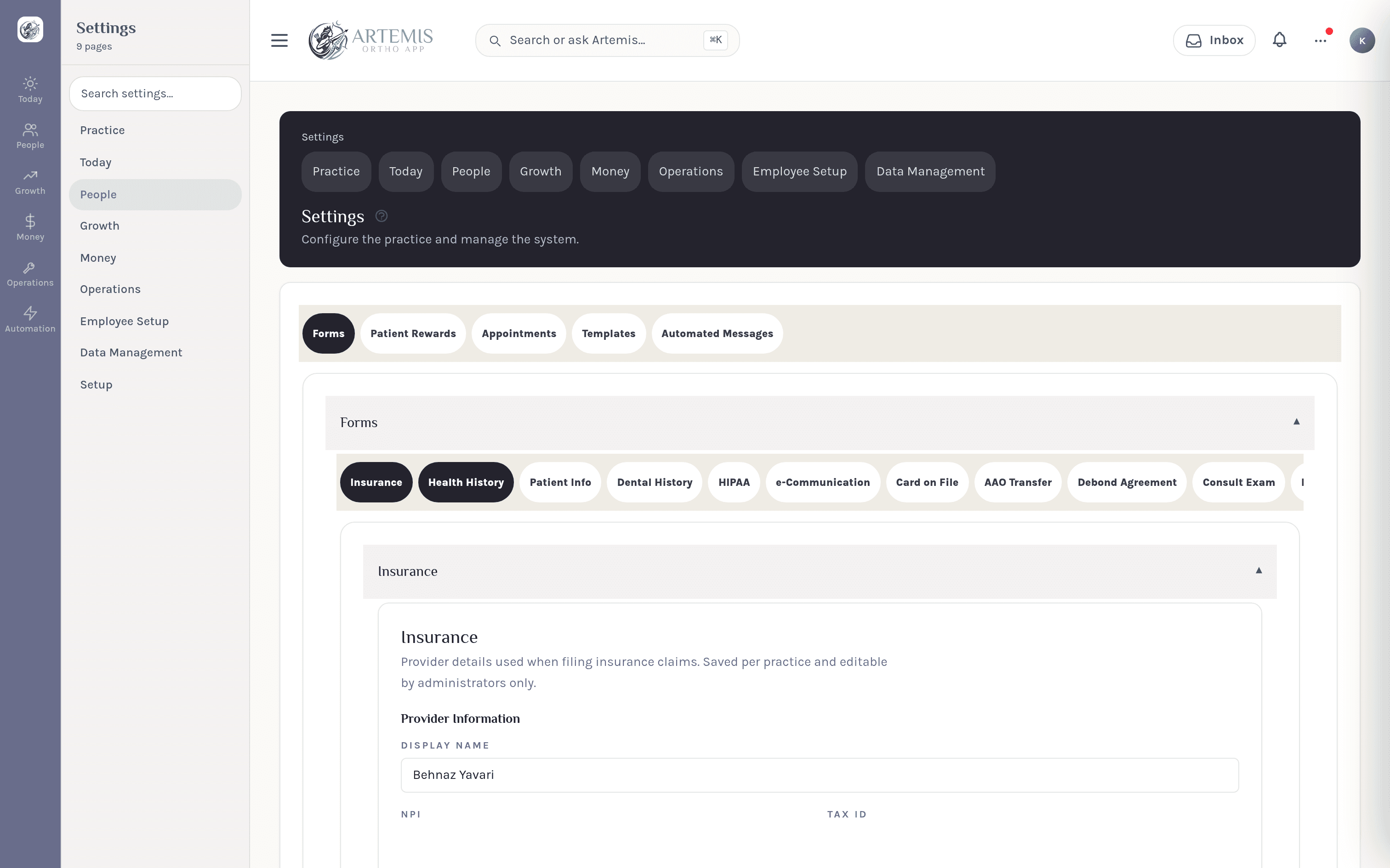Custom patient forms — insurance, health history, HIPAA, consent and transfer
