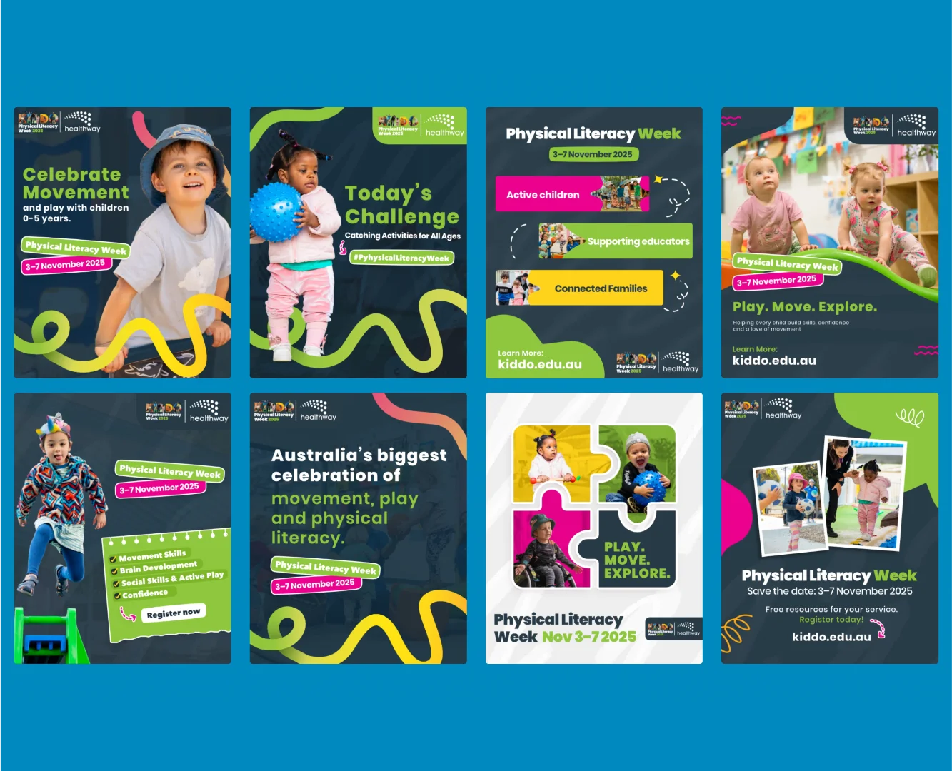 A diverse grid of social media graphics for KIDDO Physical Literacy Week, featuring puzzle-themed layouts and educational activity tiles for Australian educators and families.
