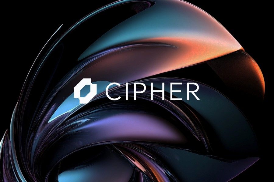Fictional Cipher brand logo over abstract dark fluid sculptural form on black background