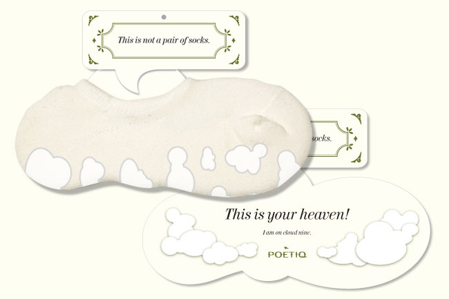 The image shows a cream-colored sock with a pattern of cloud shapes on it, displayed against a light beige background. Two speech bubbles are positioned near the sock. The top bubble contains the text "This is not a pair of socks." The bottom bubble reads, "This is your heaven! I am on cloud nine." The brand name "POETIQ" is visible at the bottom.