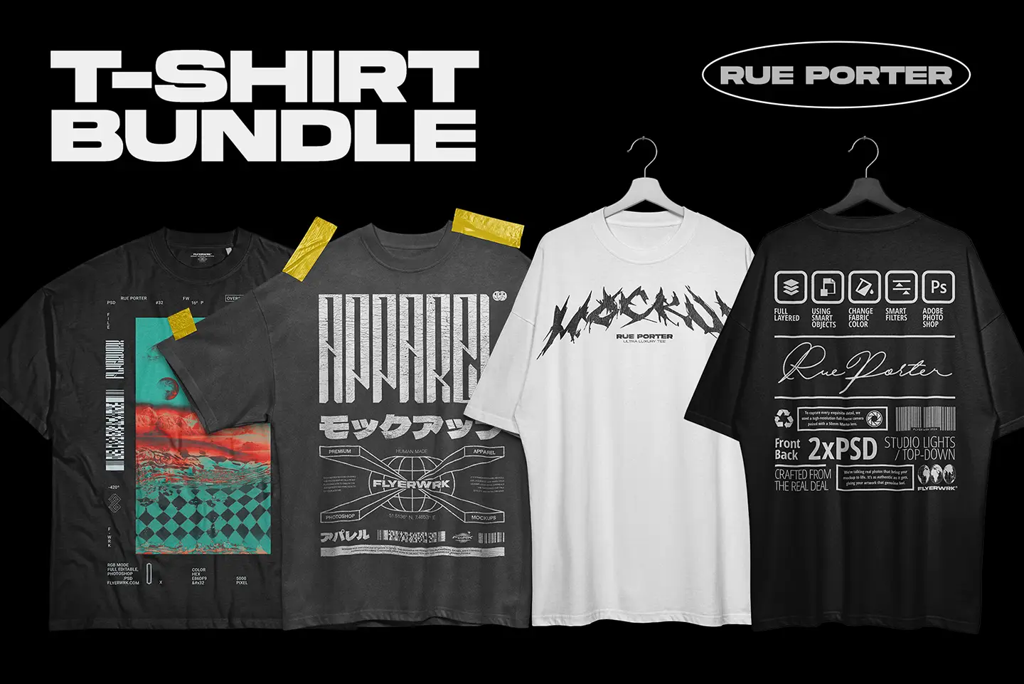 Rue Porter T-shirt mockup bundle preview showing multiple apparel design examples