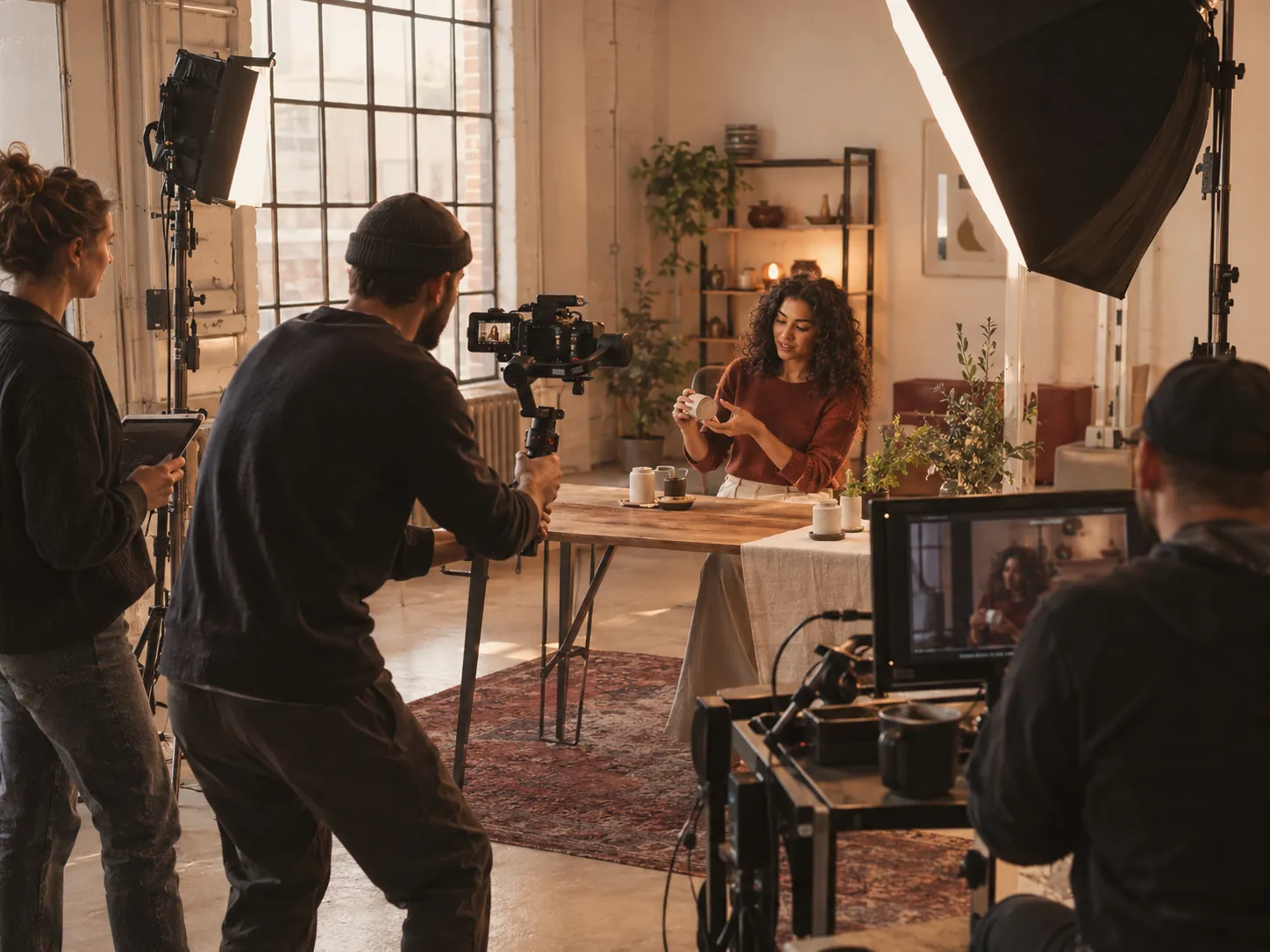 A small crew filming a presenter with a product in a studio