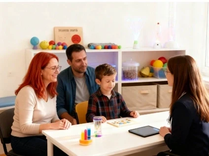 פגישת ייעוץ והדרכת הורים בקליניקה של סמדר עציץ, בנוכחות הילד, ליצירת תוכנית טיפול אישית ומקצועית באווירה נינוחה.