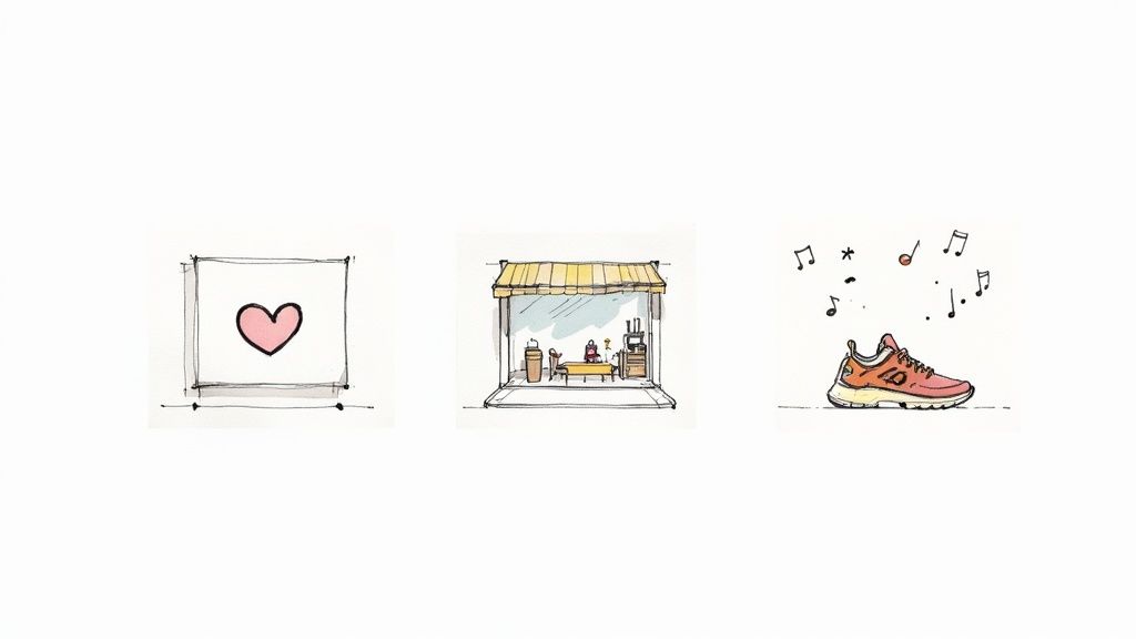 Three distinct illustrations: a heart in a box, a cozy storefront, and a running shoe with music notes.