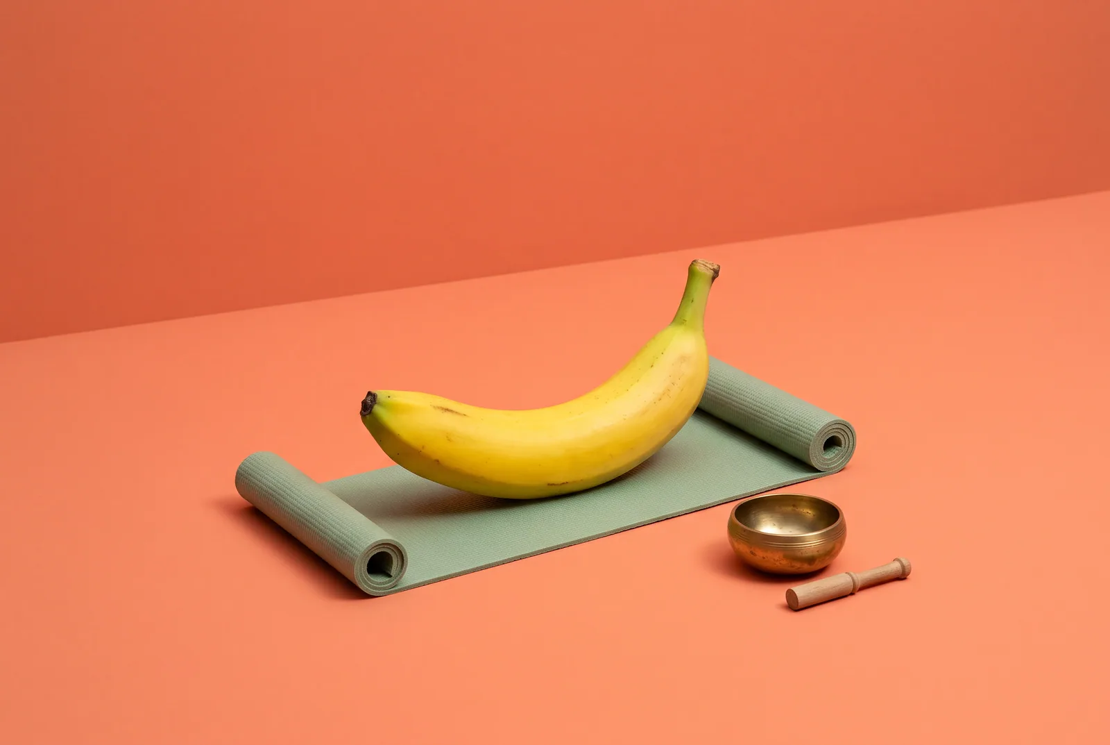 A banana resting on a tiny yoga mat beside a singing bowl, practicing urge surfing daily when you're not craving