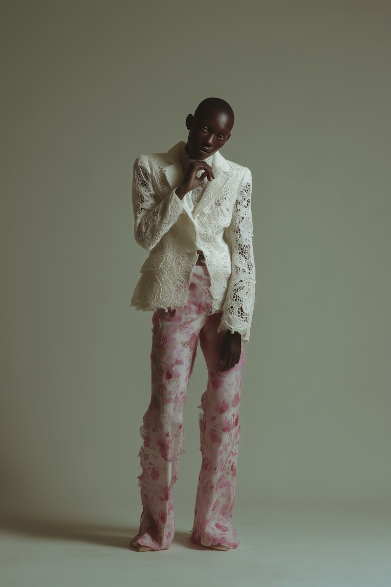 Stylish individual in a white lace blazer and pink floral pants, posing in a minimalistic studio setting with soft lighting.