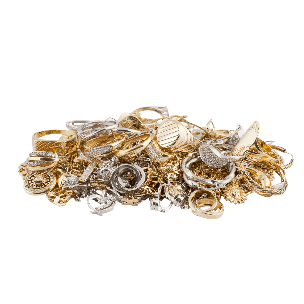 Large pile of assorted gold scrap including rings, earrings, and bracelets ready for high-yield refining.