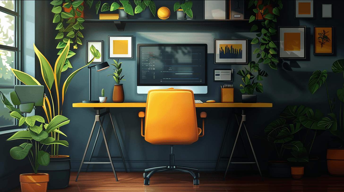 A modern work-from-home desk setup featuring a sleek chair, lush green plants, and organized tech essentials, creating a stylish and productive workspace.