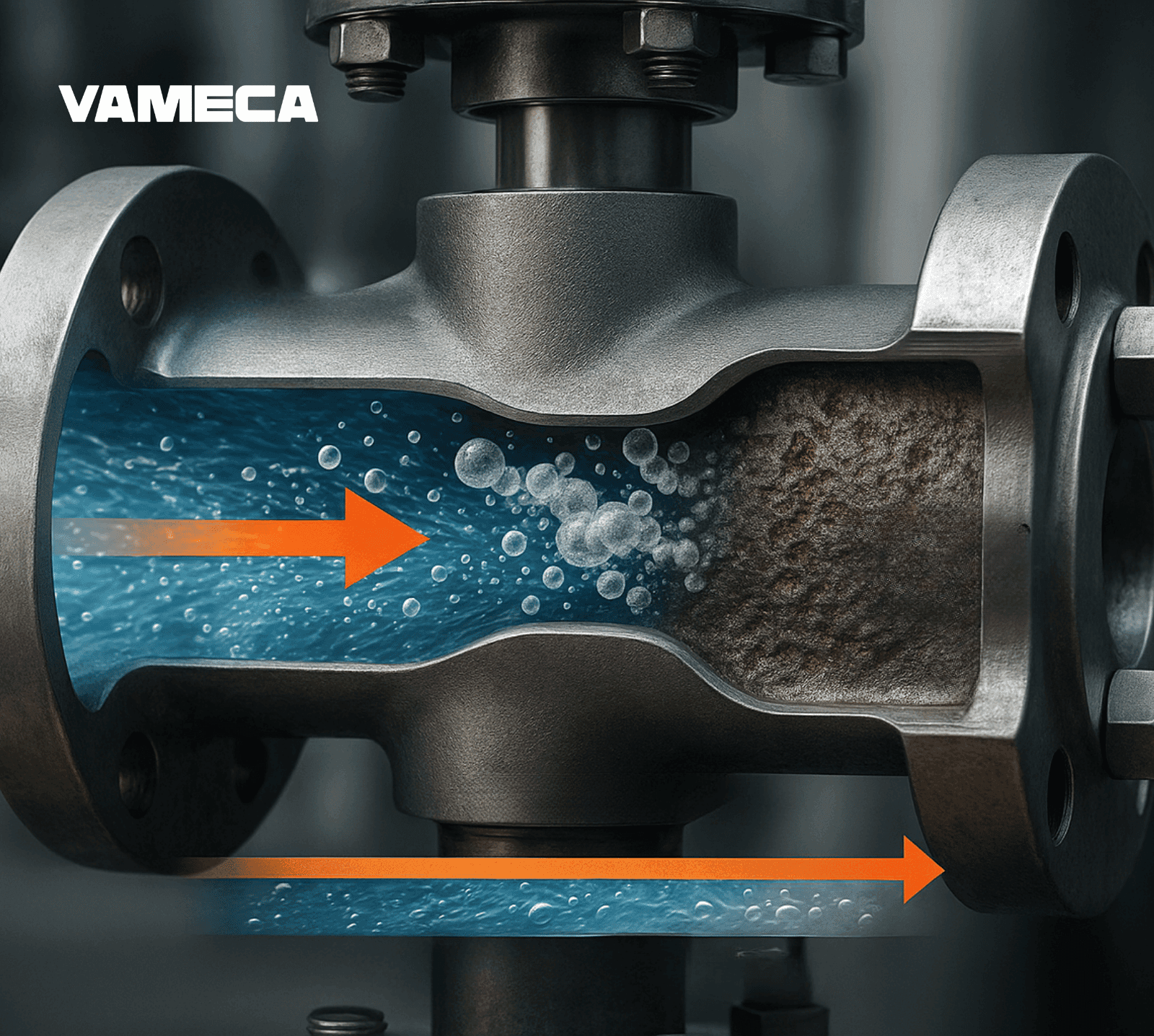 Coupe photoréaliste d’une vanne industrielle montrant l’écoulement du fluide avec formation de bulles de cavitation, implosion près des surfaces métalliques et traces d’érosion. Flèches indiquant la chute de pression, style technique et professionnel.