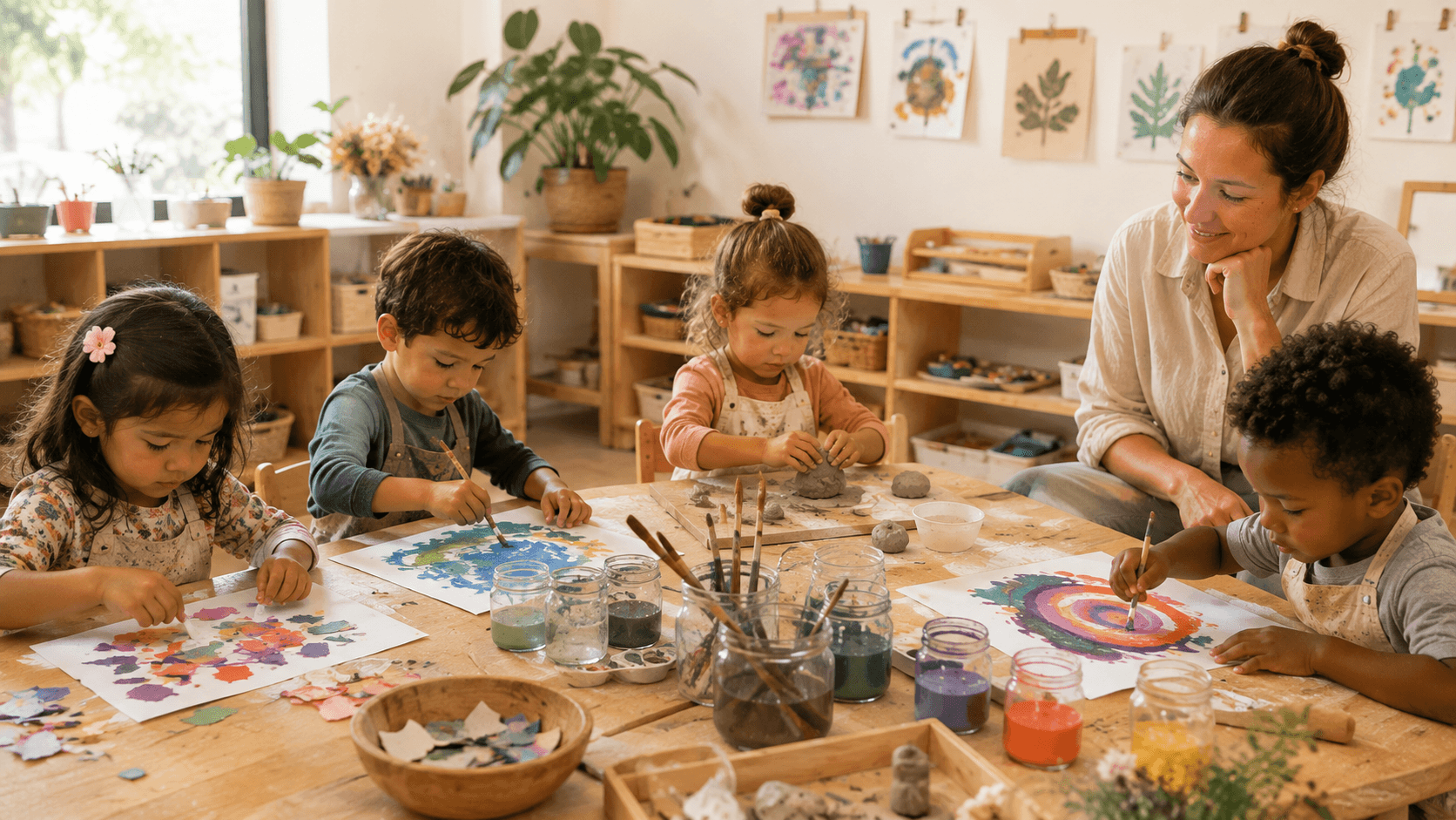 Preschool children exploring process art with paint, clay, and collage materials while a teacher observes nearby