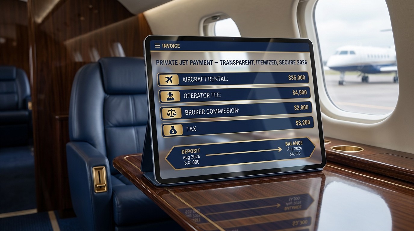 Private jet charter payment guide — deposit, balance, corporate card, wire transfer, VAT, cancellation fees, transparent itemized payment 2026 ACK