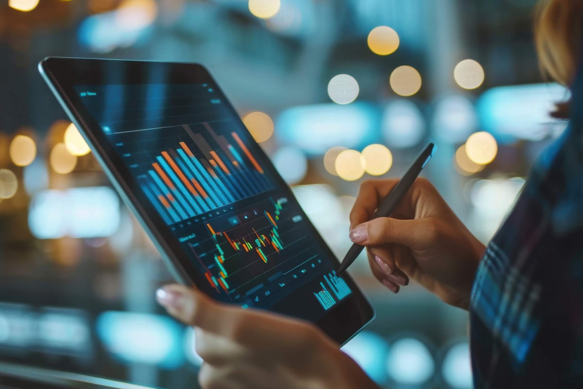 Person analyzing SEO backlink data on a tablet with an analytics dashboard displaying bar and line graphs, representing digital marketing and SEO performance metrics.